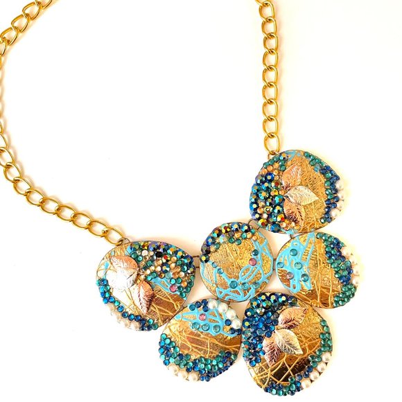 Gold Plated Necklace with blue and green Crystals, details of paint  Gold Plated - Picture 3 of 5